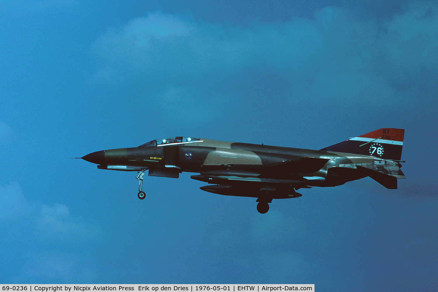 69-0236, McDonnell Douglas F-4E Phantom II C/N 3757, 69-0236 in bicentennial scheme seen here on finals for runway 24 during the TAM 1976 at Twenthe AB, The Netherlands.
