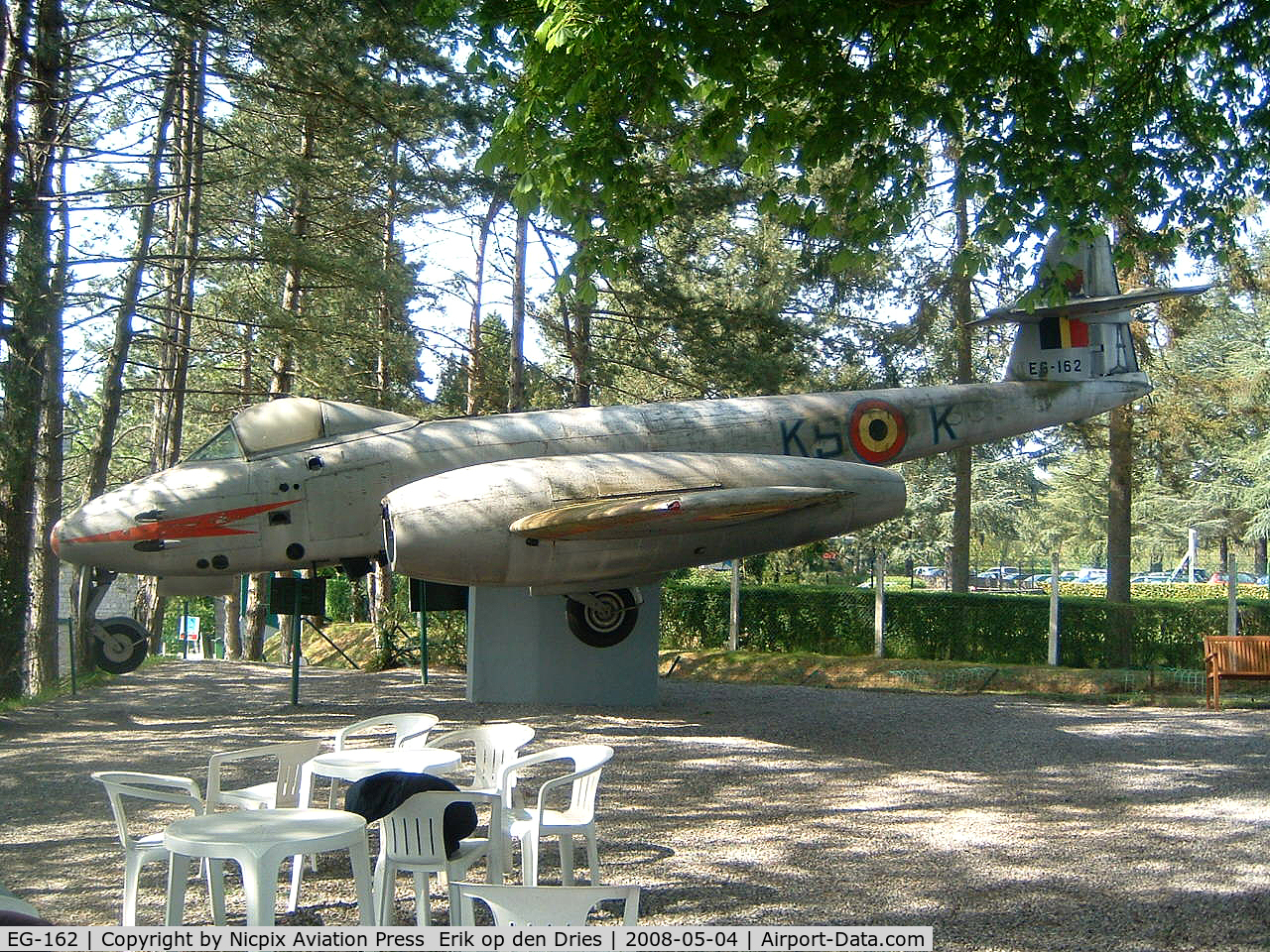 EG-162, Gloster Meteor F.8 C/N 6496, EG-162 is preserved on the terrace of a restuarant near the citadel of Dinant.