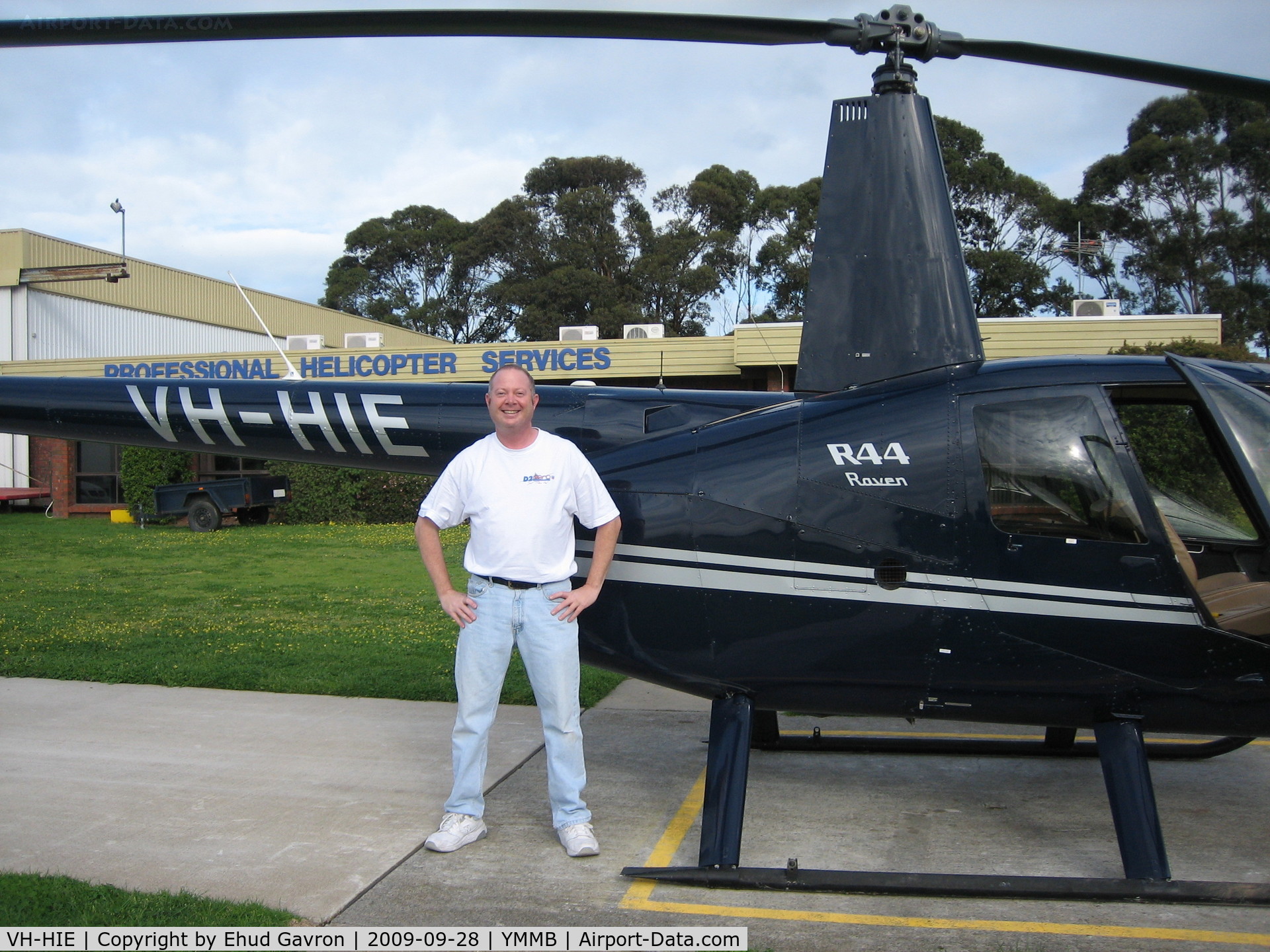 VH-HIE, 2001 Robinson R44 C/N 1112, Did the preflight... but lack of paperwork meant we flew the 206B2 instead... :)  (R44 at Moorabbin)