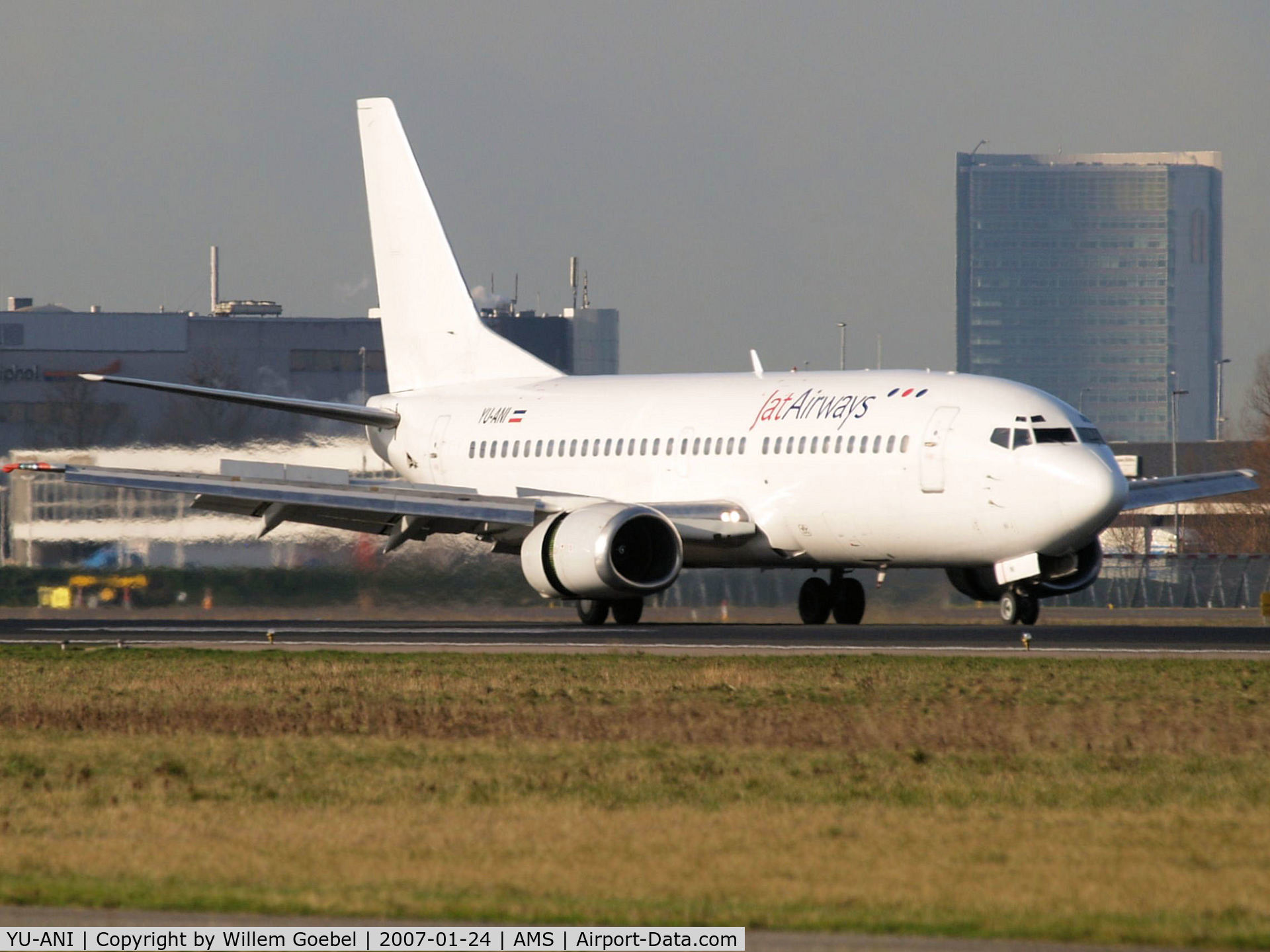 YU-ANI, 1985 Boeing 737-3H9 C/N 23416, Landing on runway 06 of Amsterdam Airport