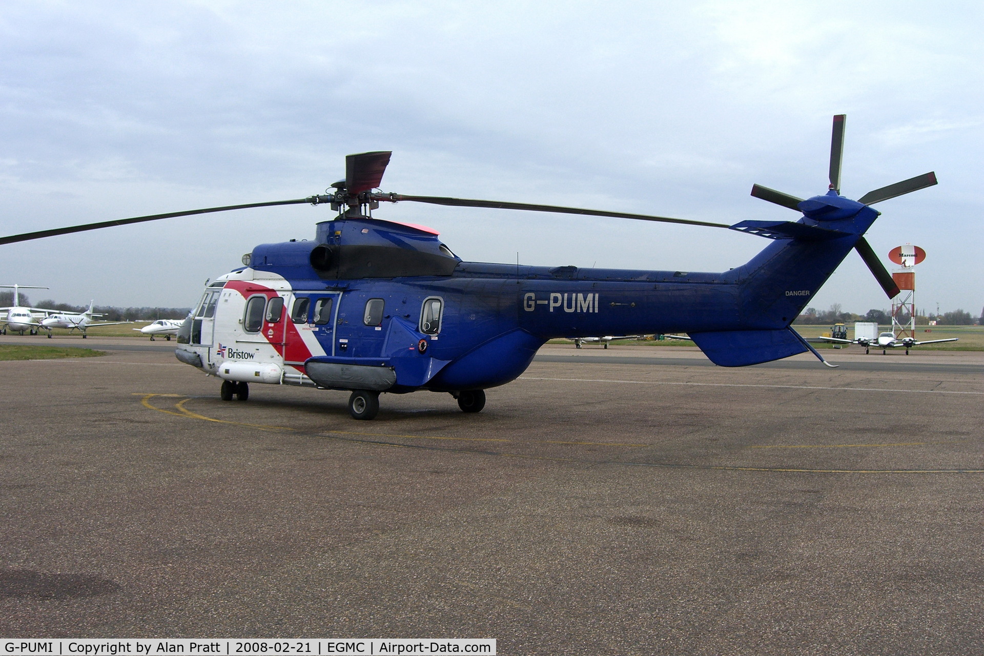 G-PUMI, 1985 Aerospatiale AS-332L Super Puma C/N 2170, In Bristow Helicopters livery on stand after diverting to airport.