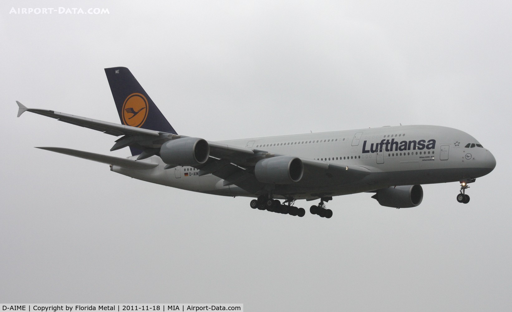 D-AIME, 2010 Airbus A380-841 C/N 061, Lufthansa A380 landing in rain Runway 9