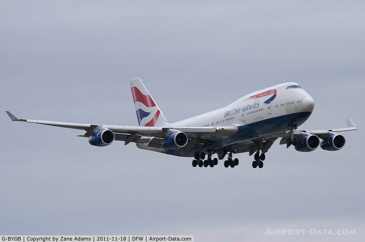 G-BYGB, 1999 Boeing 747-436 C/N 28856, British Airways landing at DFW Airport