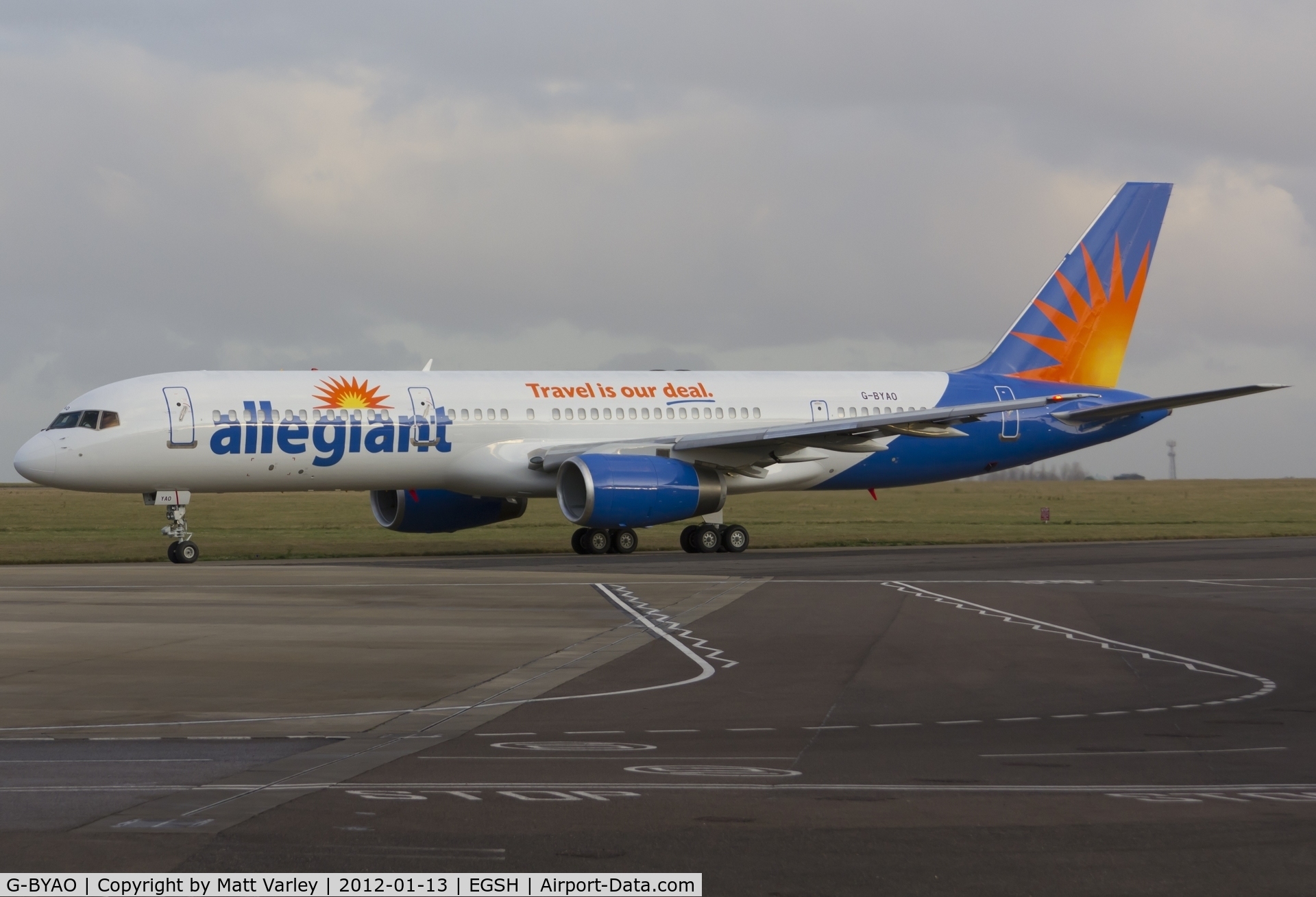G-BYAO, 1994 Boeing 757-204 C/N 27235, Pushed back from stand 6 in the colours of Allegiant Air.