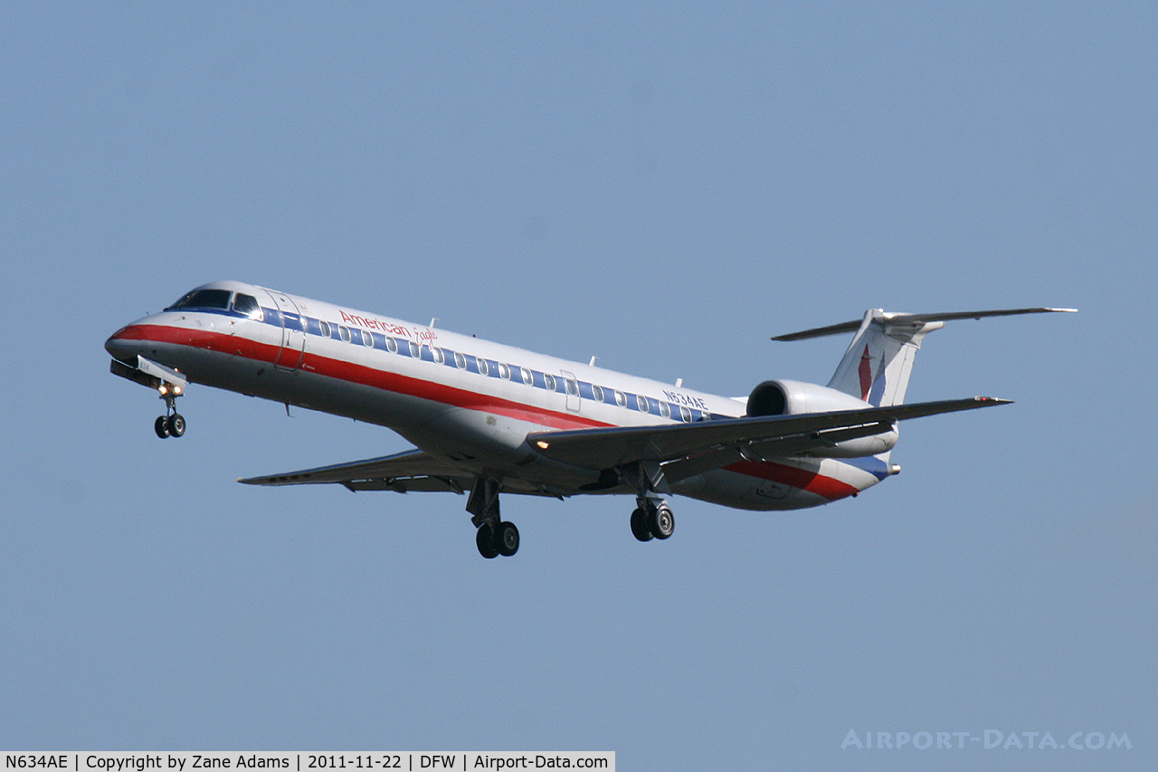 N634AE, 1999 Embraer ERJ-145LR (EMB-145LR) C/N 145150, American Eagle landing at DFW Airport