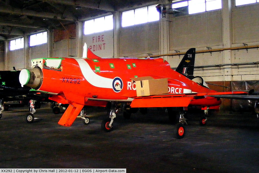 XX292, 1979 Hawker Siddeley Hawk T.1W C/N 119/312117, former Red Arrows Hawk inside the Aircraft Maintenance & Storage Unit hangar