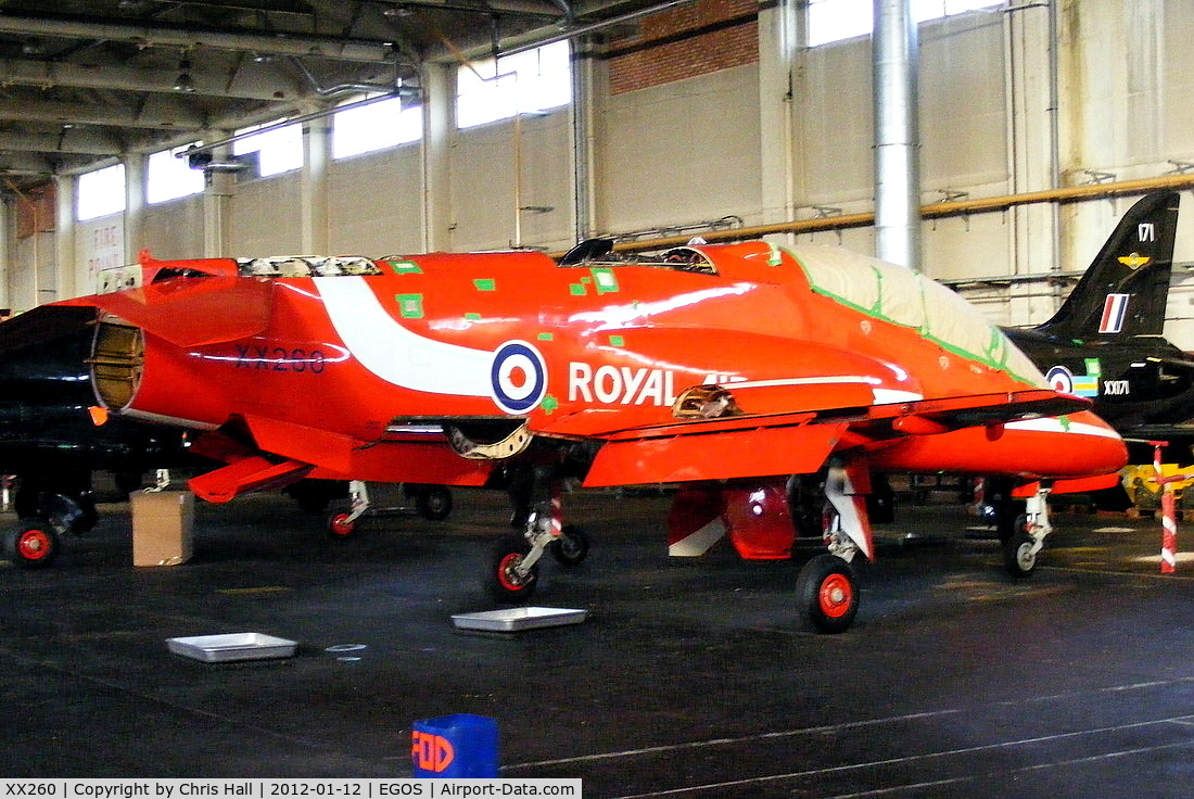 XX260, 1978 Hawker Siddeley Hawk T.1A C/N 096/312096, former Red Arrows Hawk inside the Aircraft Maintenance & Storage Unit hangar