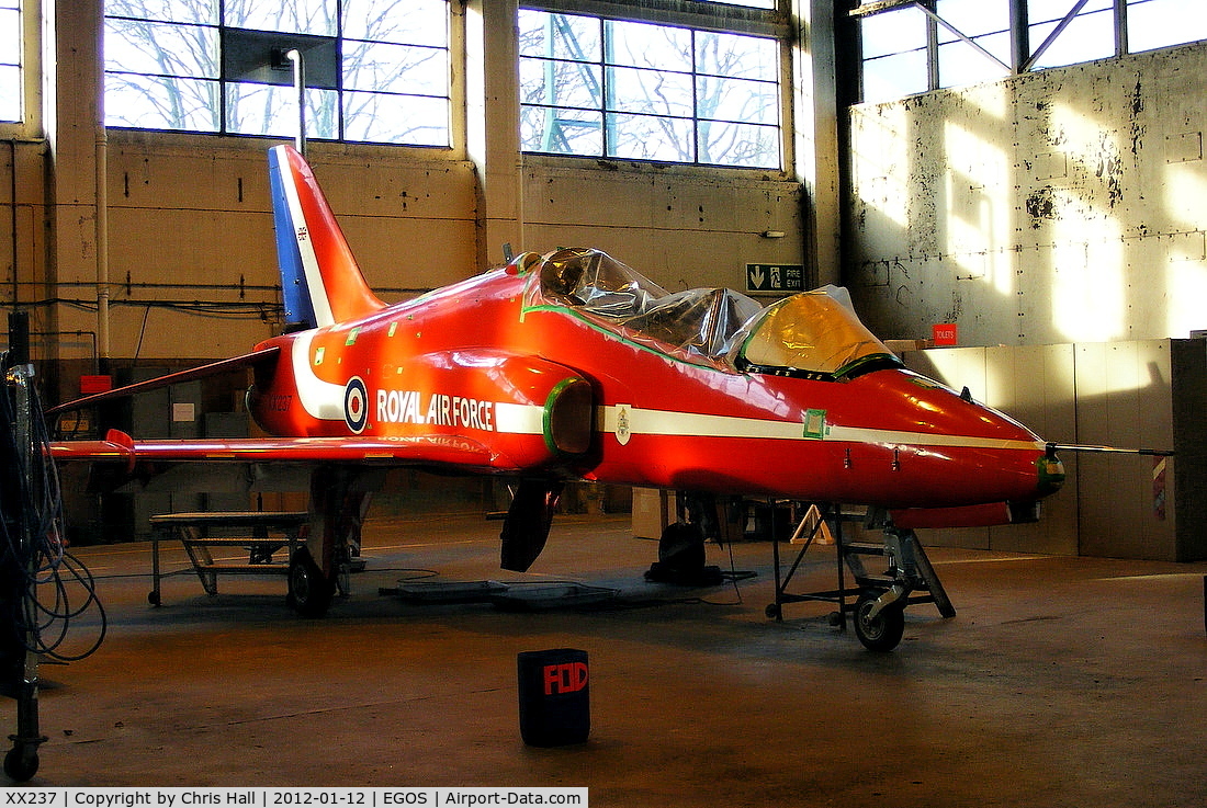 XX237, 1978 Hawker Siddeley Hawk T.1A C/N 073/312073, former Red Arrows Hawk inside the Aircraft Maintenance & Storage Unit hangar