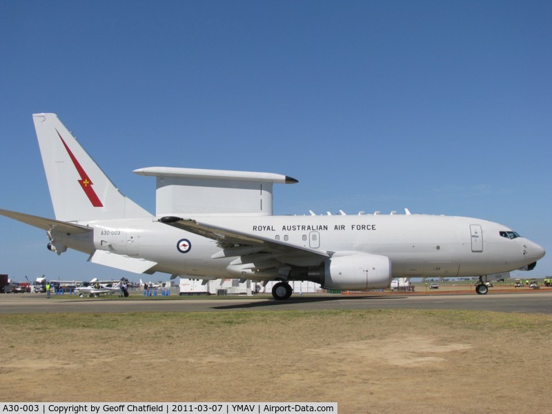 A30-003, Boeing E-7A Wedgetail (737-7ES) C/N 33476, Ex N359BJ (ex Boeing) s/n 33476/1810 date manufactured 2005, now with No 2 Sqn based at Amberly in Qld, photo taken during the Air show down under