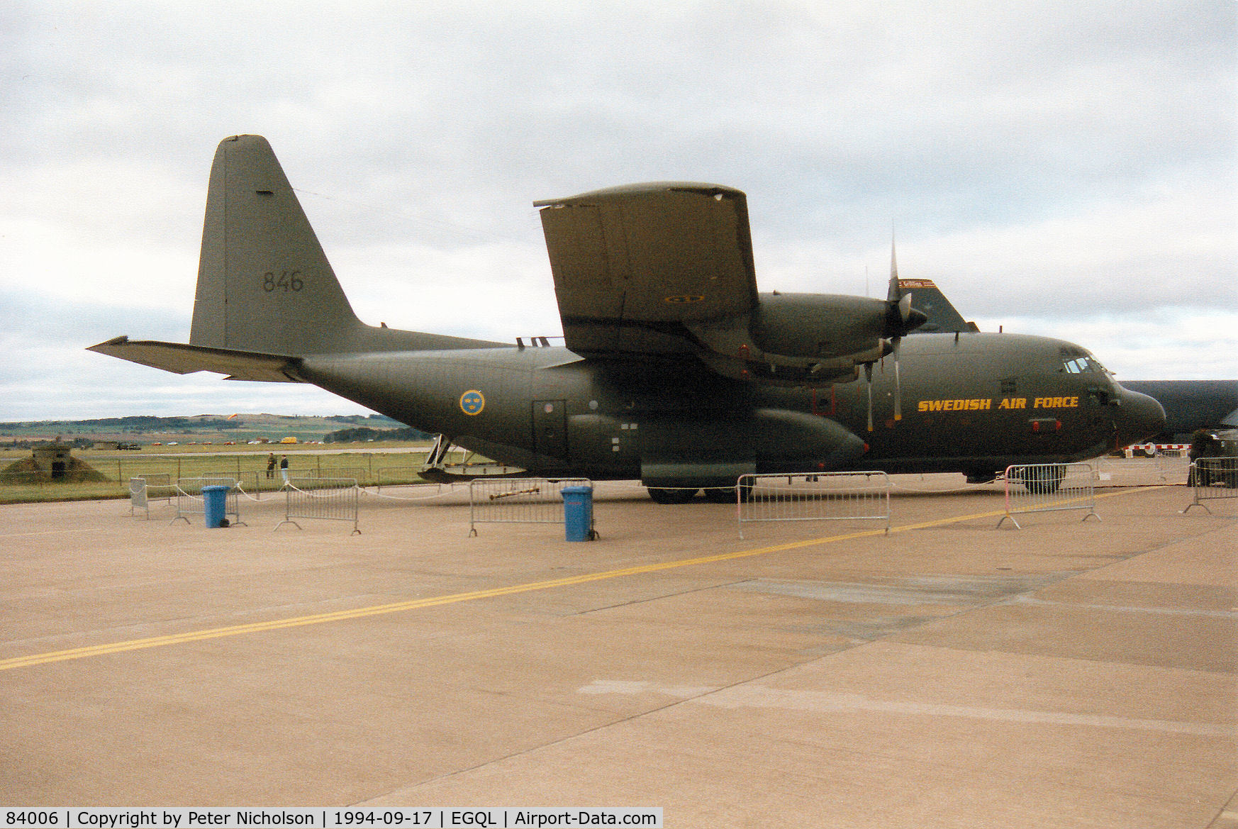 84006, 1981 Lockheed C-130H Hercules C/N 382-4885, C-130H Hercules of F7 Wing of the Swedish Air Force on display at the 1994 RAF Leuchars Airshow.