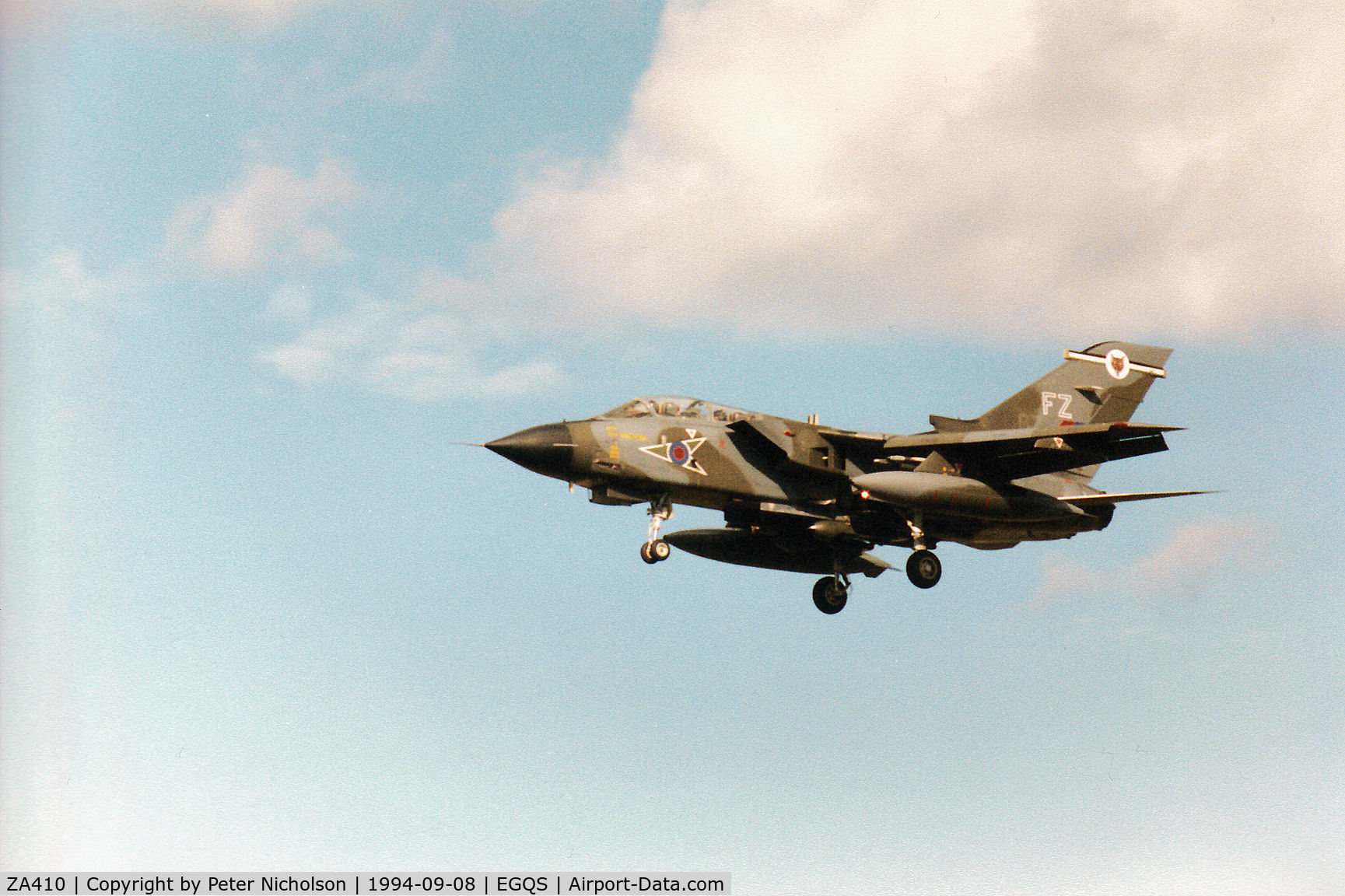 ZA410, 1983 Panavia Tornado GR.1 C/N 227/BT034/3109, Tornado GR.1, callsign Mentor, of 15(Reserve) Squadron on finals for Runway 23 at RAF Lossiemouth in September 1994.