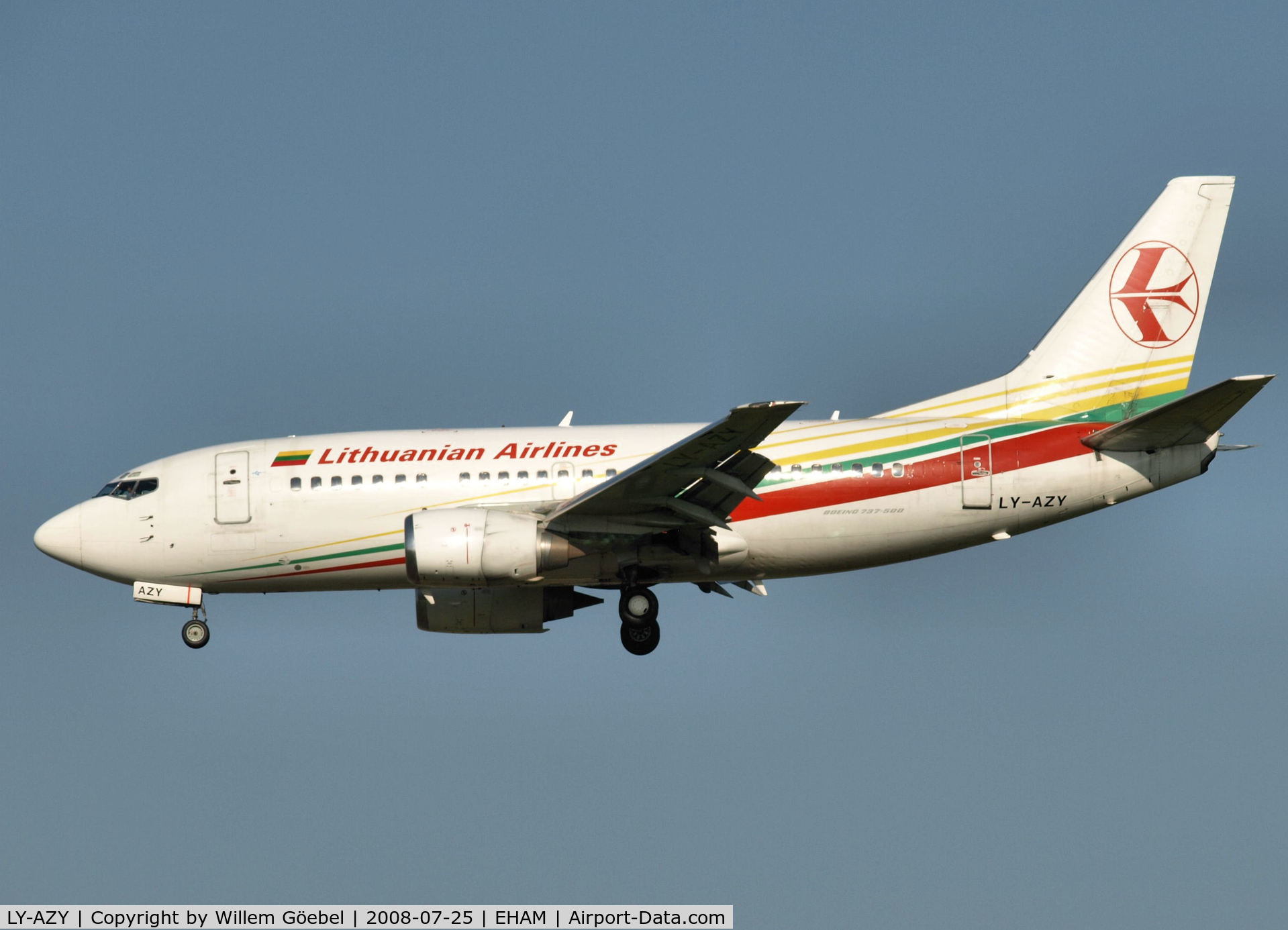 LY-AZY, 1993 Boeing 737-548 C/N 26287, Landing on runway C18 of Schiphol Airport