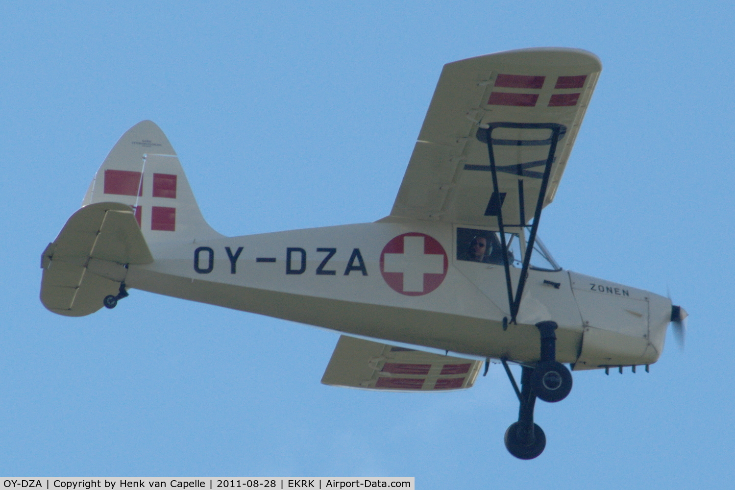 OY-DZA, 1946 SAI KZ III U-3 C/N 66, Flypast of a Danish built vintage ambulance aircraft, KZ III U3, at Roskilde airport, Denmark.
