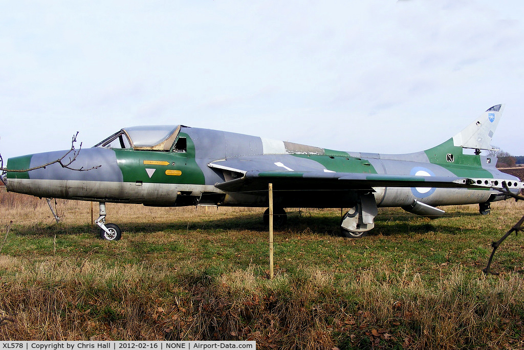 XL578, 1958 Hawker Hunter T.7 C/N 41H/693728, Used for spares by Delta Jets at Kemble then dumped on the fire dump. Rescued and moved to Wickenby then to a private owner at Kirkstead. The original rear fuselage was used to restore XL586 now in Wickford, Essex. The rear on this Hunter is from XG290