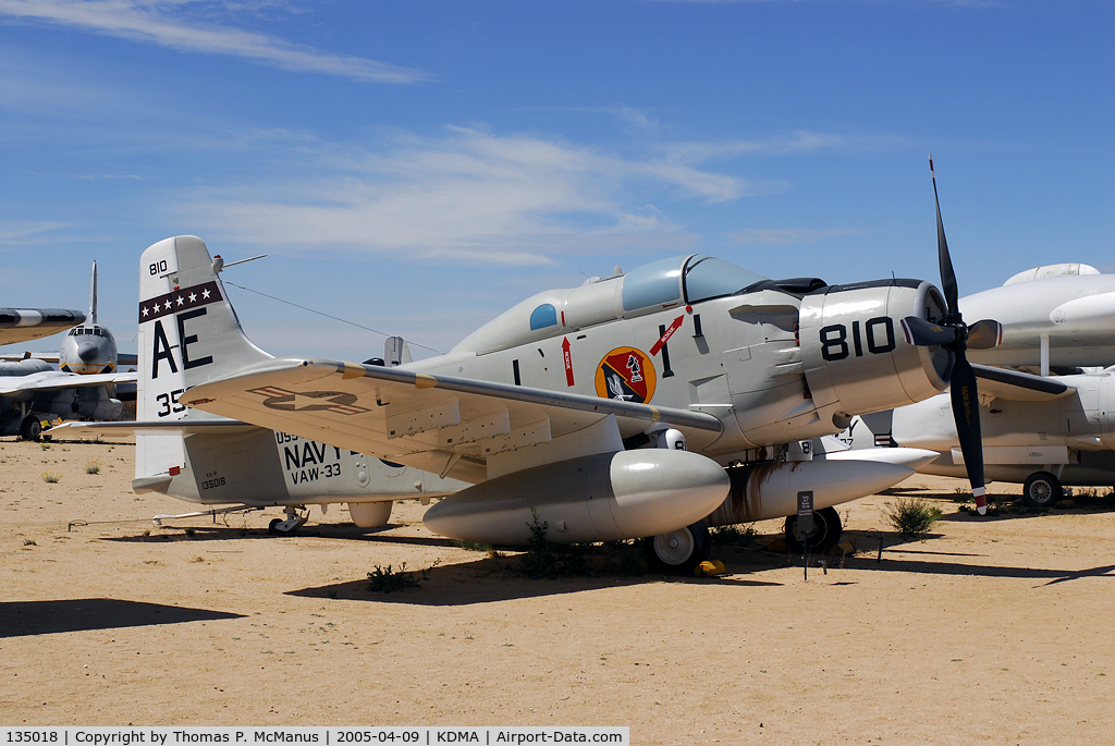 135018, Douglas EA-1F Skyraider C/N 10095, A/C has been restored displaying the markings VAW-33, at the Pima Air & Space Museum.  *** A/C has been transfered to the National Naval Aviation Museum, NAS Pensacola, FL.