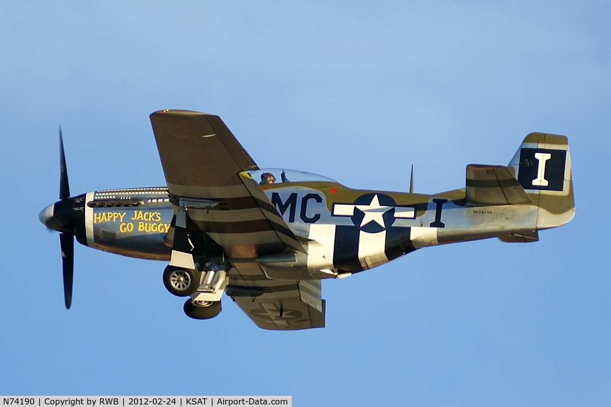N74190, 1944 North American F-51D Mustang C/N 44-75452, On approach runway 3, gear coming up for go-around.