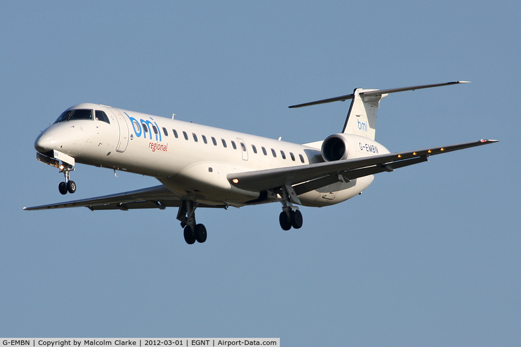 G-EMBN, 2000 Embraer EMB-145EP (ERJ-145EP) C/N 145201, Embraer ERJ-145EP on approach to Runway 25 at Newcastle Airport, March 2012.