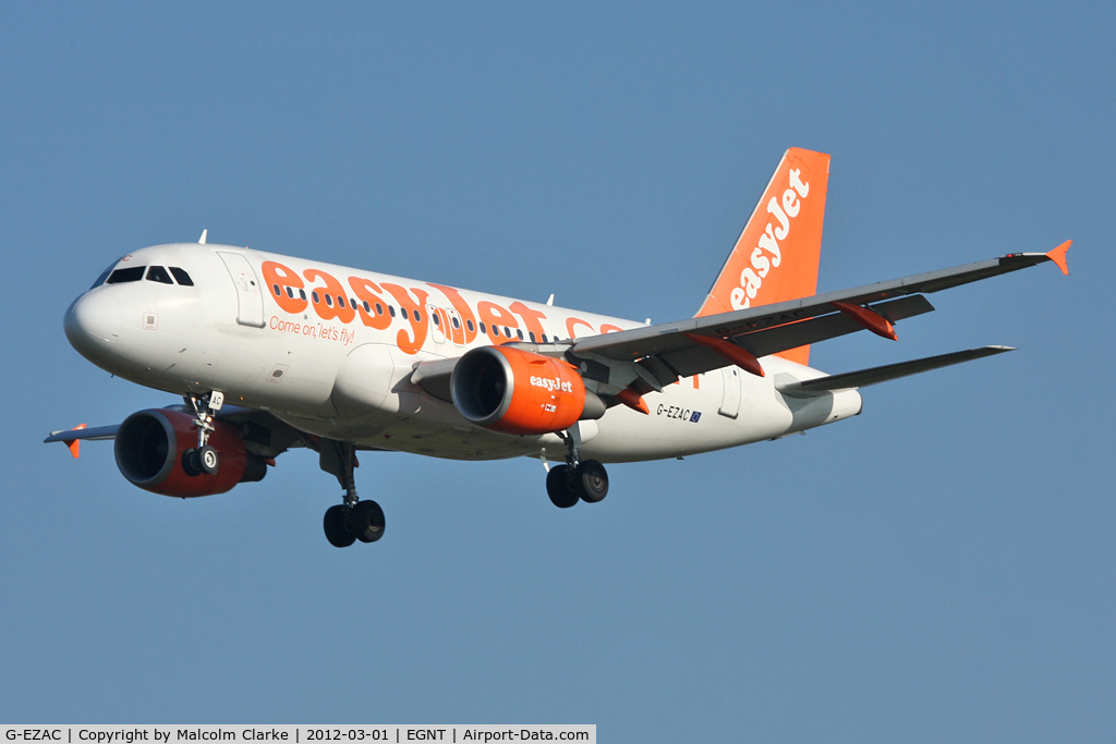 G-EZAC, 2006 Airbus A319-111 C/N 2691, Airbus A319-111 on approach to Runway 25 at Newcastle Airport, March 2012.