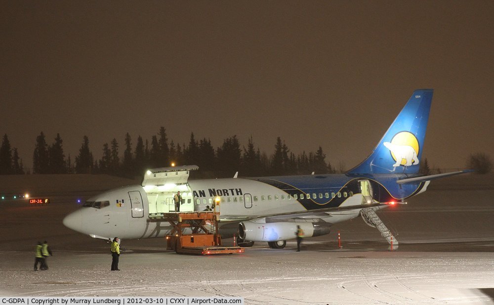 C-GDPA, 1980 Boeing 737-2T2C C/N 22056, Getting ready to load sled dog teams and other Arctic Winter Games freight on a snowy night in Whitehorse.