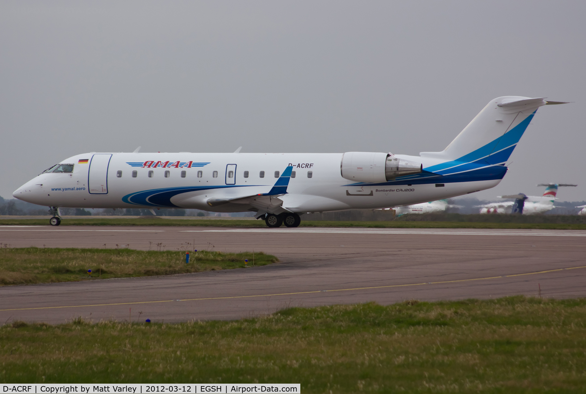 D-ACRF, 2002 Bombardier CRJ-200ER (CL-600-2B19) C/N 7619, Departing EGSH in full Yamal C/S.