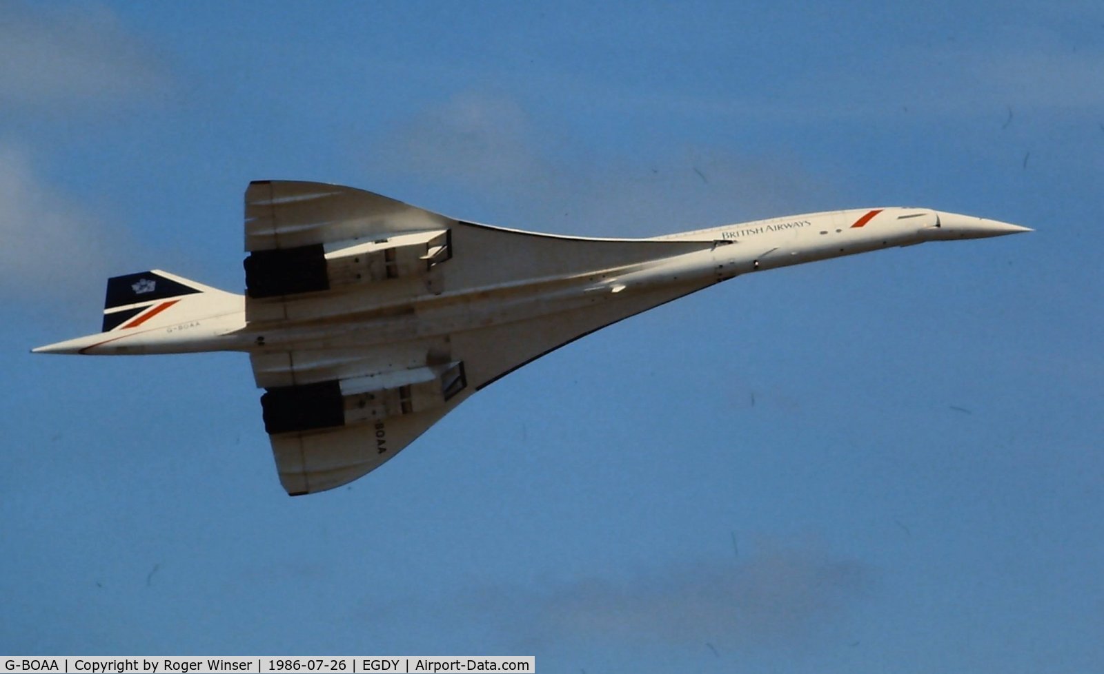 G-BOAA, 1974 Aerospatiale-BAC Concorde 1-102 C/N 100-006, Flypast by BA Concorde at the RNAS Yeovilton Air Day July 1986.