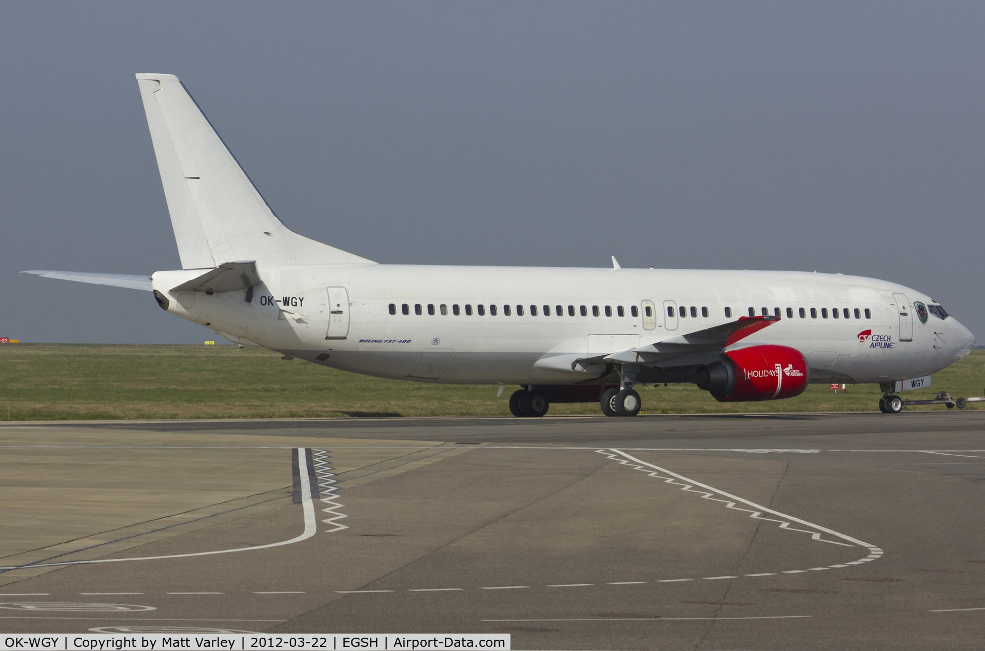 OK-WGY, 1991 Boeing 737-436 C/N 25839, Being towed to the Air Livery hangar for spray.