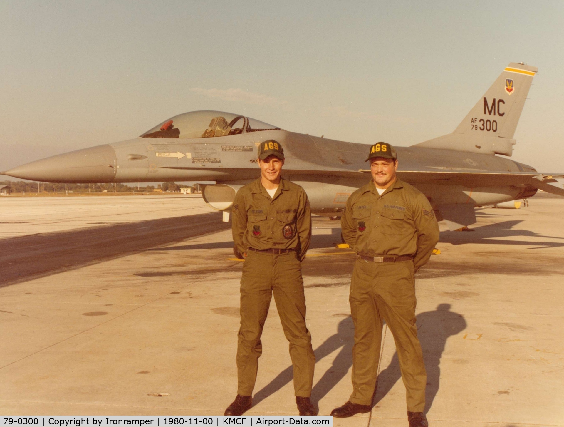 79-0300, 1980 General Dynamics F-16A Fighting Falcon C/N 61-85, My first assignment as crew chief, 79-0300. Myself, SrA Martin McGuire (left) and my assistant crew chief SrA Joe Gates (right).  This photo was taken in November/December 1980 in honor of being awarded the 56th Tac Trng Wing 5 Star Award for Exceptional 
