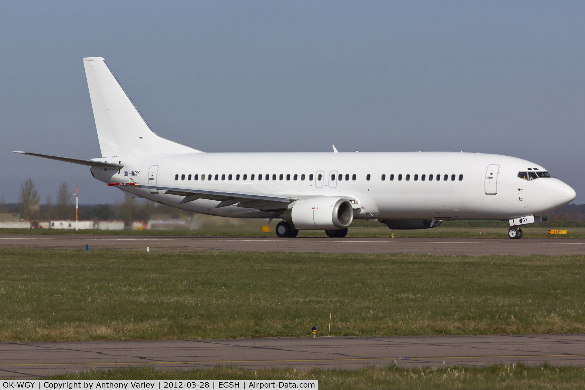OK-WGY, 1991 Boeing 737-436 C/N 25839, Departing EGSH after spray into an all white C/S.
