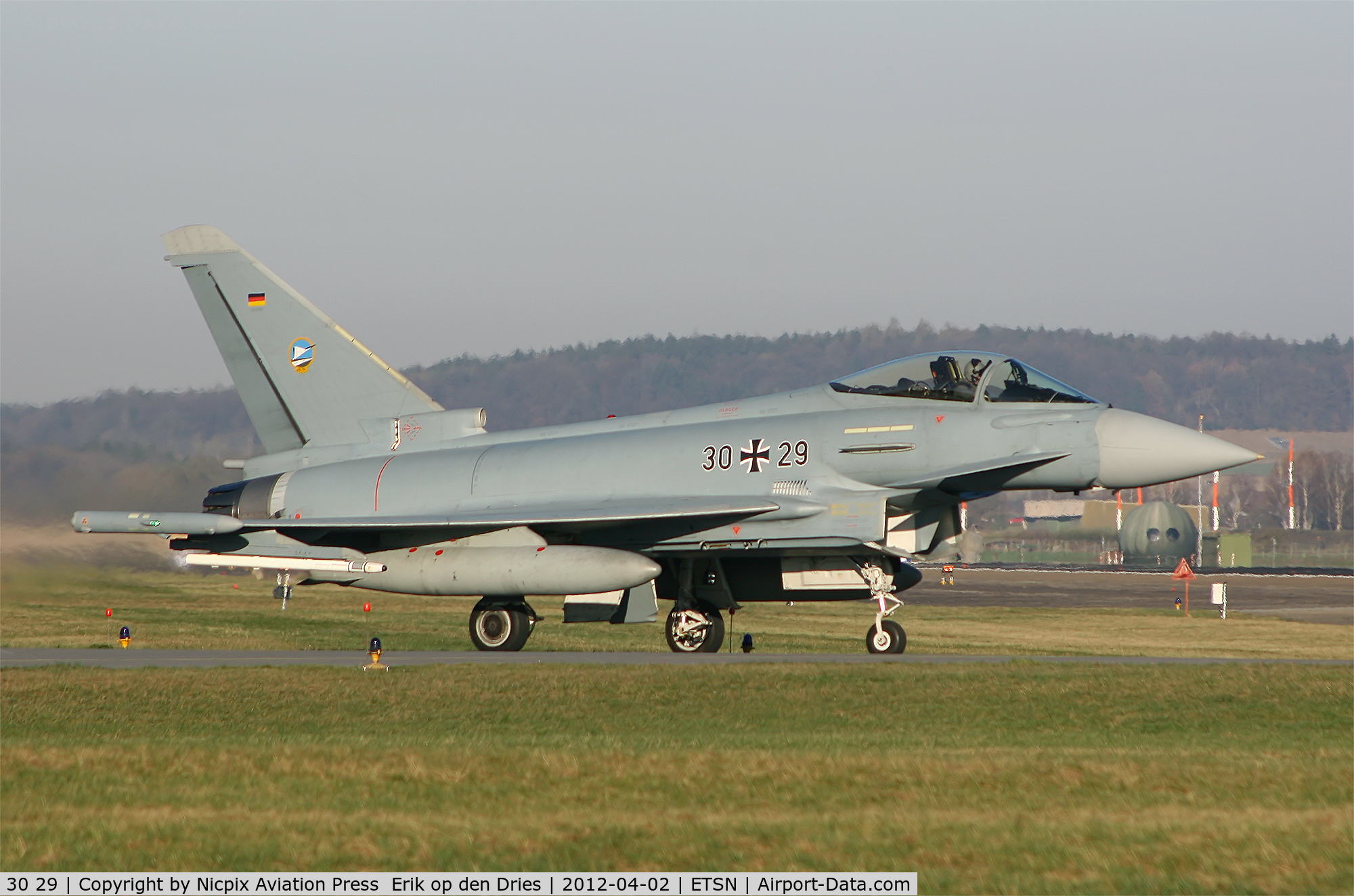30 29, 2006 Eurofighter EF-2000 Typhoon S C/N 104/GS018, Fighterwing 74 Eurofighter 3029 heading for runway 27 at Neuburg AB, Bavaria, Germany