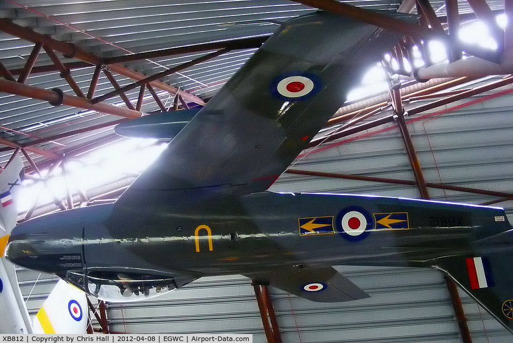 XB812, Canadair Sabre F.4 C/N 566, suspended from the ceiling in the National Cold War Exhibition hangar at the RAF Museum, Cosford