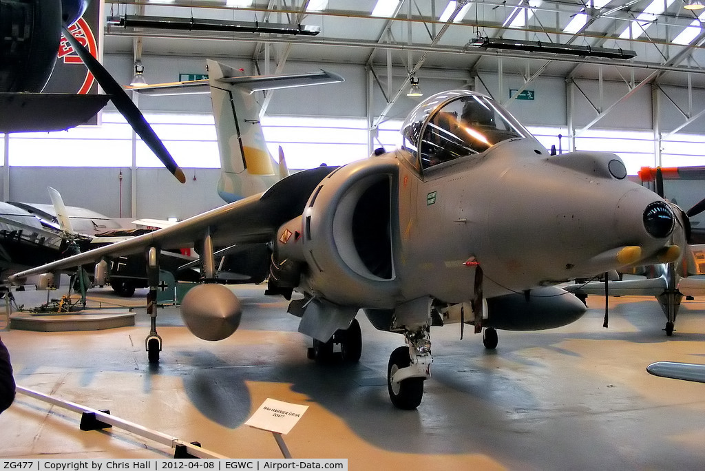 ZG477, 1990 British Aerospace Harrier GR.9A C/N P67, delivered to the RAF in 1990 as a GR.7 then upgraded to GR.9A spec at BAe Warton in 2004. Delivered to the RAF Museum 19/12/2011