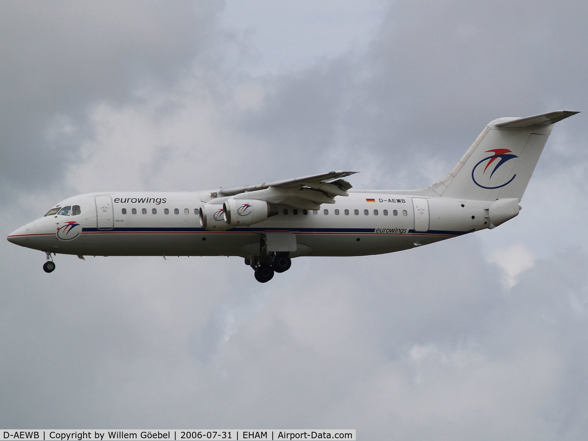 D-AEWB, 1990 British Aerospace BAe.146-300 C/N E3183, Landing on runway C18 of Amsterdam Airport