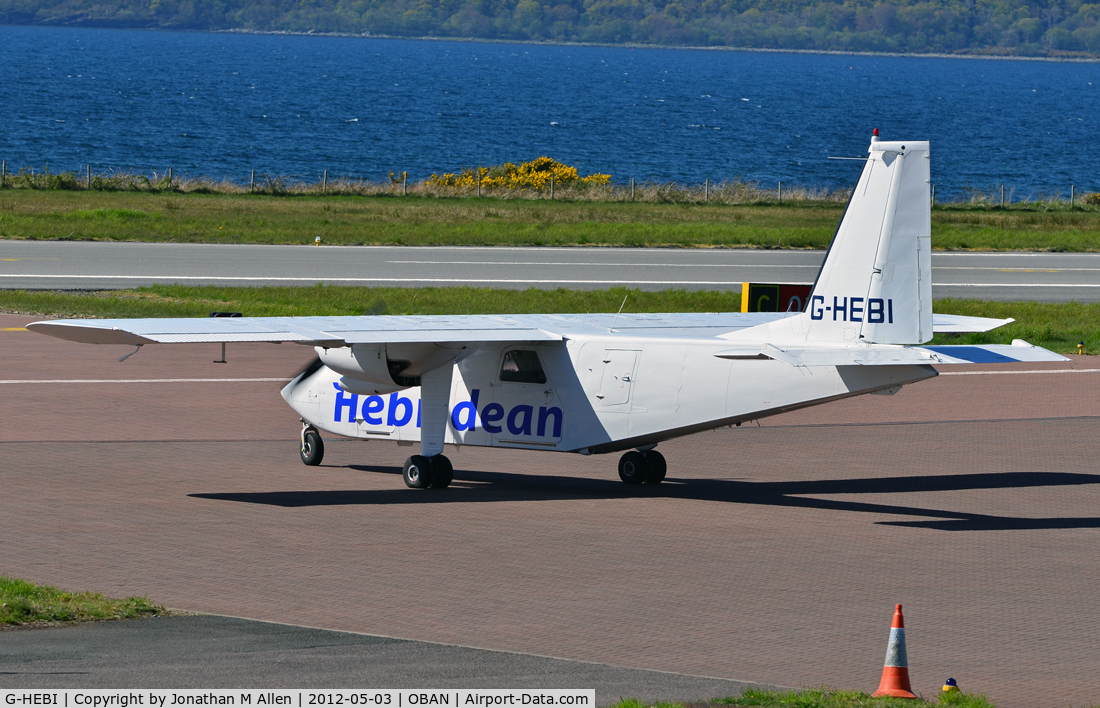 G-HEBI, 1991 Pilatus Britten-Norman BN-2B-20 Islander C/N 2240, The 15.10 Hebridean Airways flight from Oban to Colonsay departs from Oban (Connel) airport.