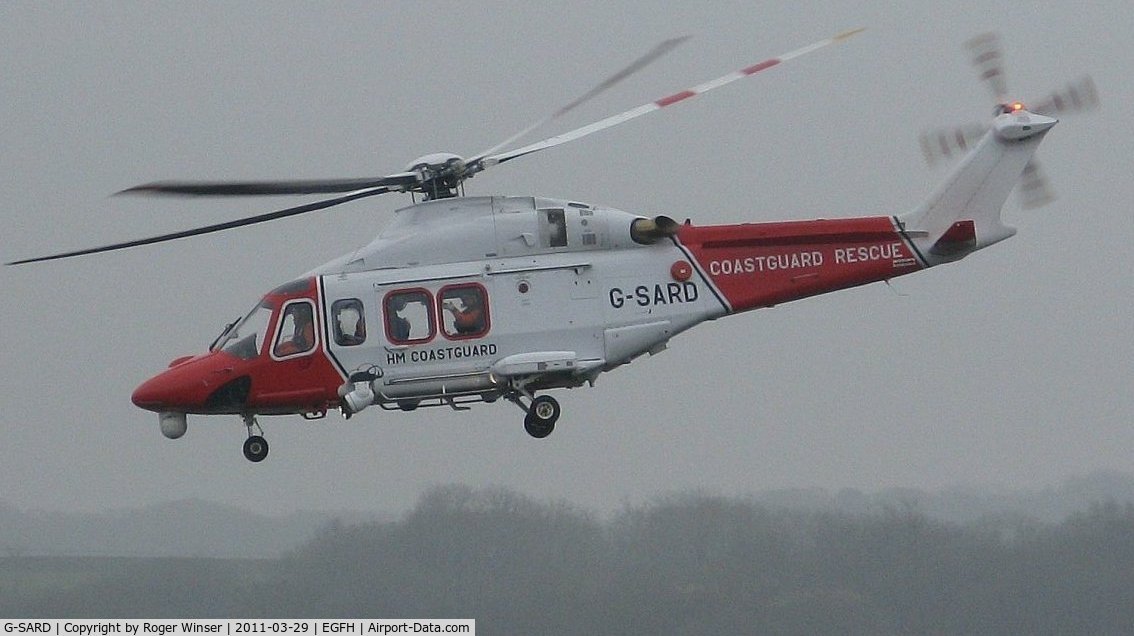 G-SARD, 2007 AgustaWestland AW-139 C/N 31208, HM Coastguard Rescue helicopter departing for Lee-on-Solent in poor flying conditions.