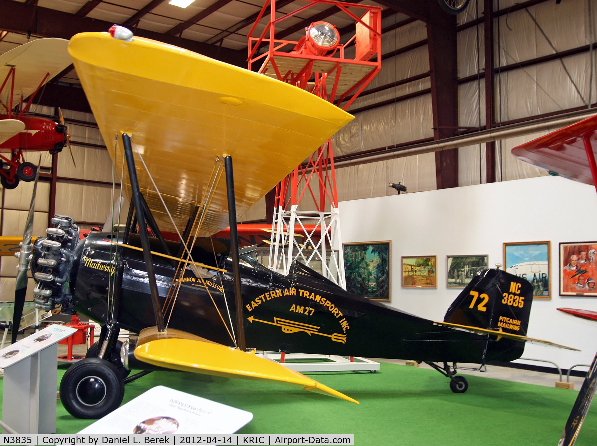 N3835, 1927 Pitcairn PA-5 Mailwing C/N 9, This beautiful mailwing, in its classic yellow and black, is in the colors of Eastern Air Transport, the same airline as the EAA Ford Tri-Motor.  This little musuem is well worth a visit if you like these wonderful Golden Age aircraft.