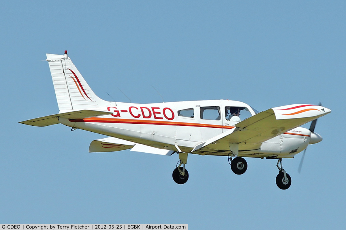 G-CDEO, 1974 Piper PA-28-180 Cherokee Archer C/N 28-7405011, A visitor to Sywell , on Day 1 of 2012 AeroExpo