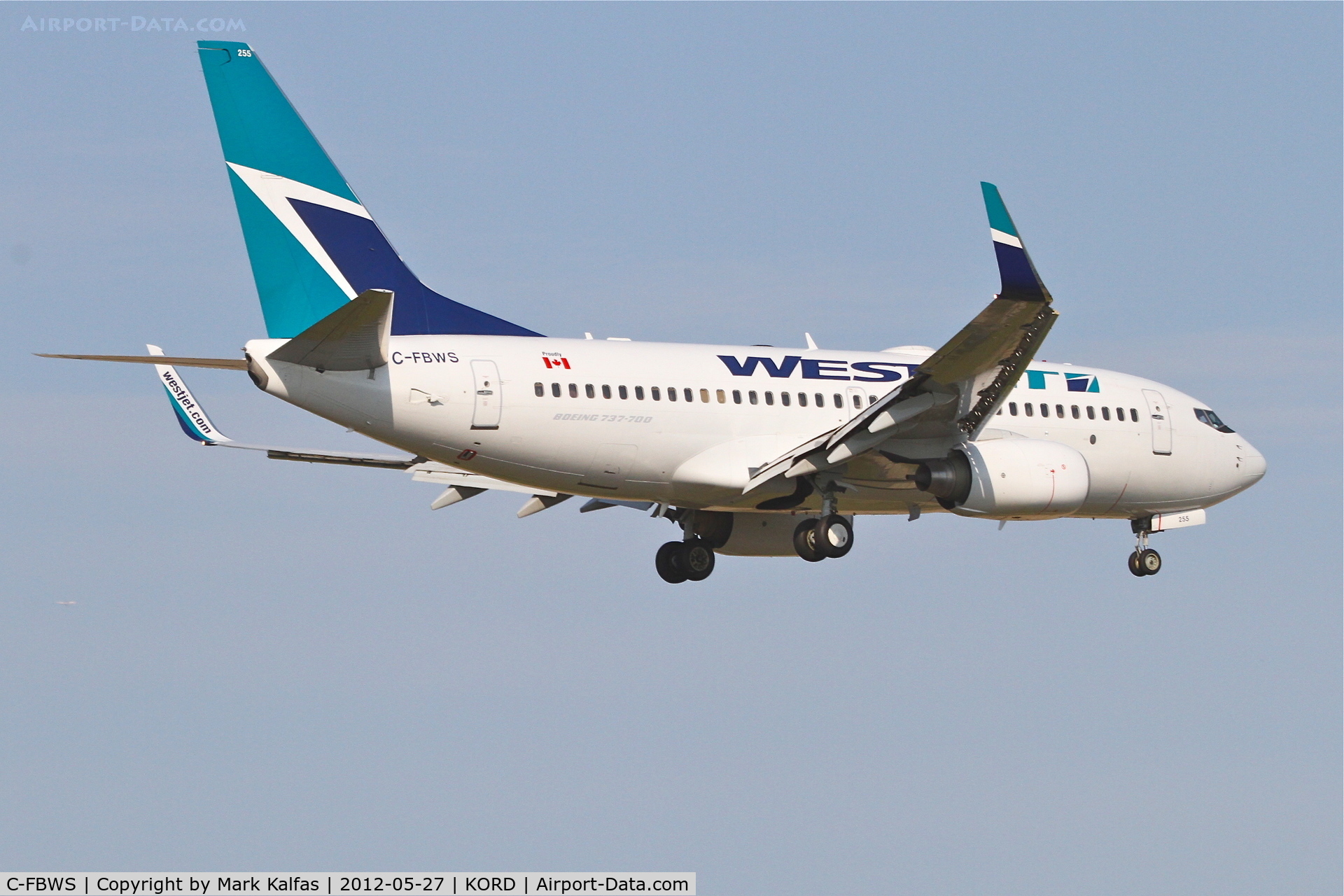C-FBWS, 2009 Boeing 737-7CT C/N 37008, WestJet Boeing 737-7CT, WJA1688 arriving from Vancouver Int'l/CYVR, RWY 14R approach KORD.