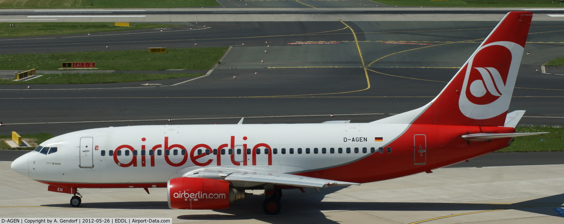 D-AGEN, 1998 Boeing 737-75B C/N 28100, Germania (Air Berlin cs.), is standing on the apron at Düsseldorf Int´l (EDDL)