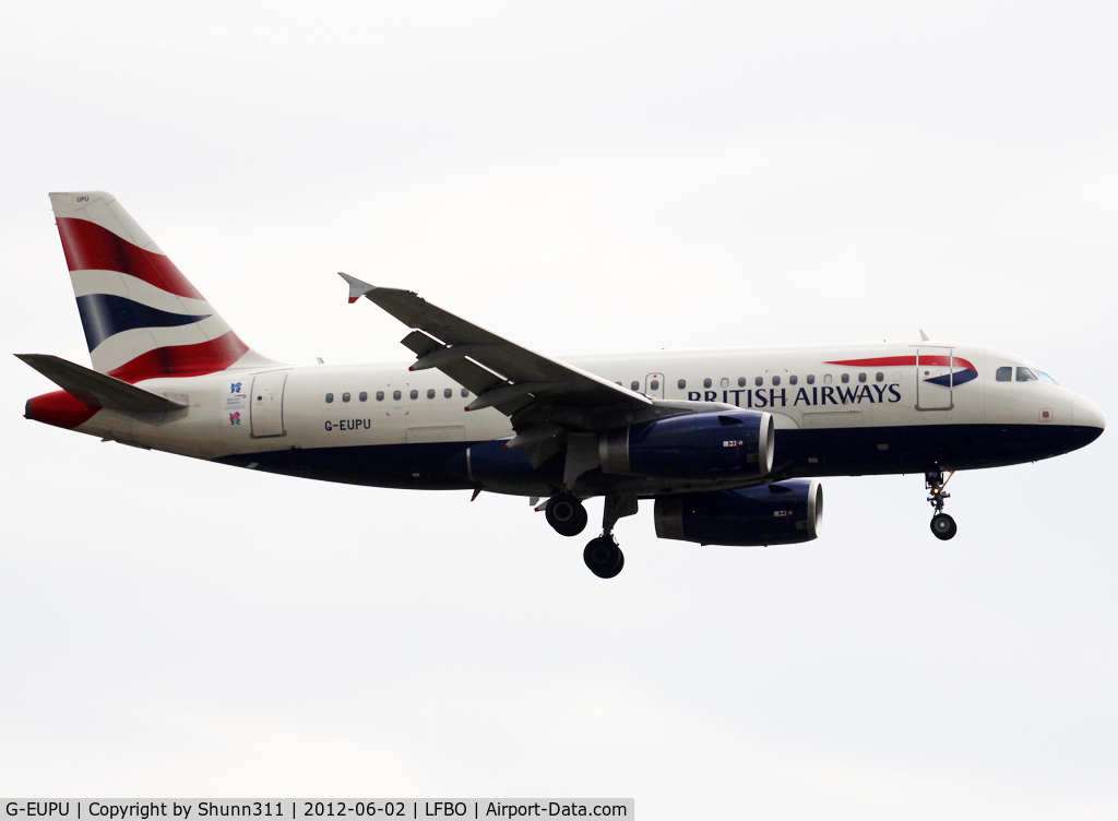 G-EUPU, 2000 Airbus A319-131 C/N 1384, Landing rwy 14R with additional Olympic Game sticker...