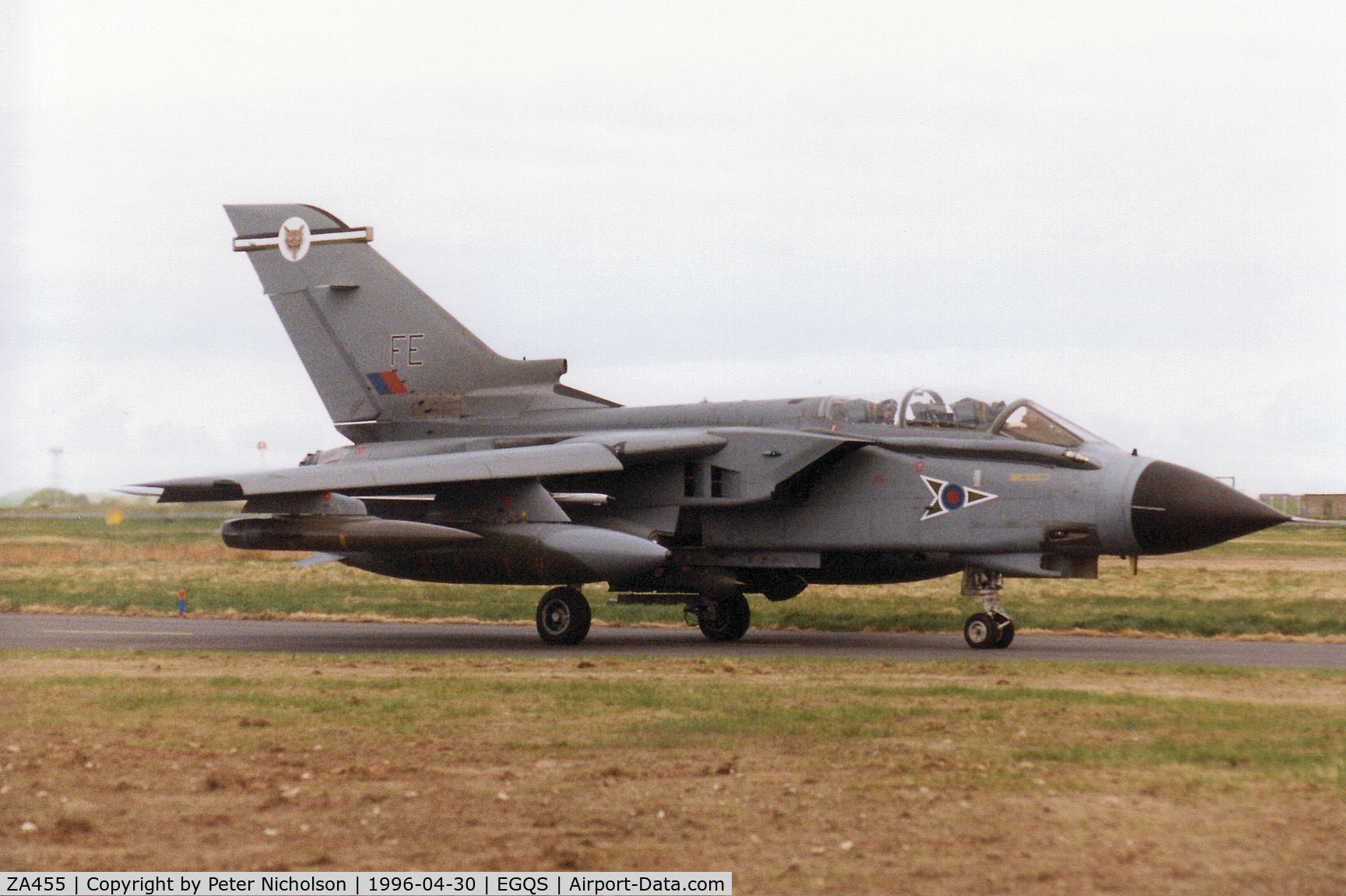 ZA455, 1983 Panavia Tornado GR.1B C/N BS085/254/3121, Tornado GR.1B, callsign Jackal 3, of 12 Squadron taxying to the active runway at RAF Lossiemouth in April 1996.