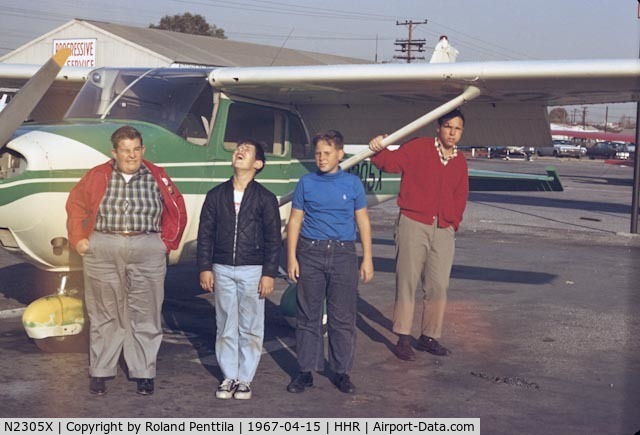 N2305X, 1965 Cessna 182H Skylane C/N 18256205, April 1967 prepping for a local flight from Hawthorne, California.  The pilot (red sweater) is Roland Penttila and the aircraft belonged to the FBO, Rose Aviation, at the time.