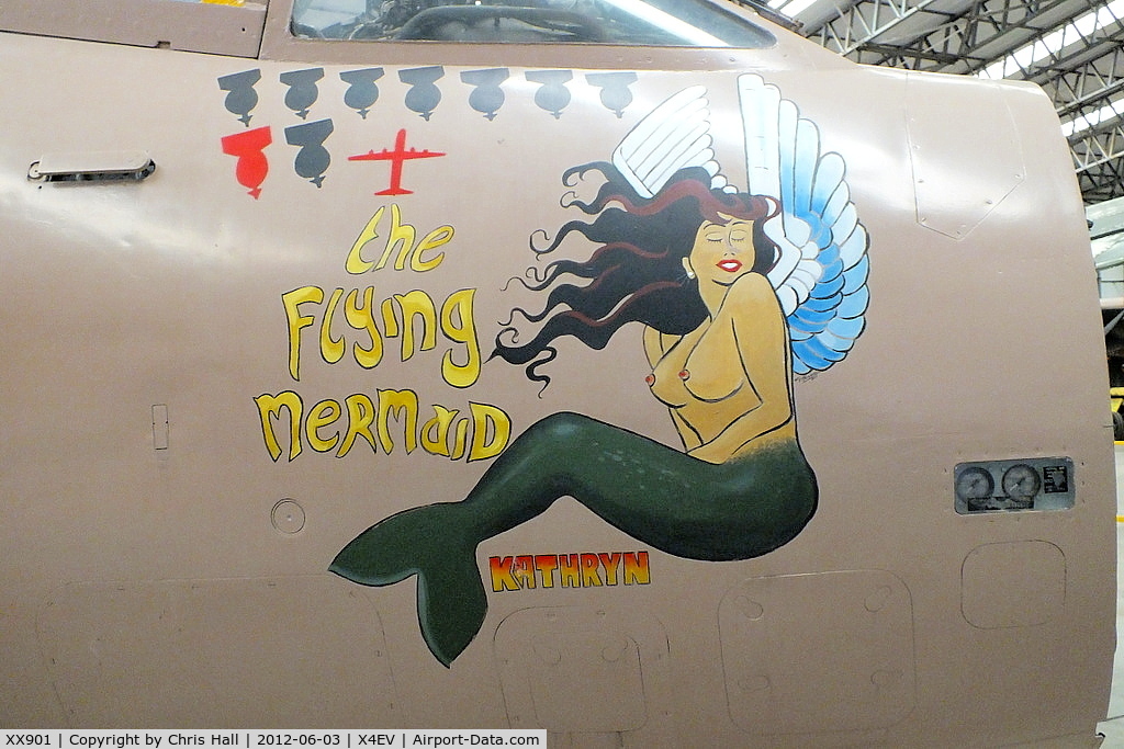 XX901, 1977 Hawker Siddeley Buccaneer S.2B C/N B3-06-75, 'Flying Mermaid' nose art has been repainted after it had weathered while being exhibited outside