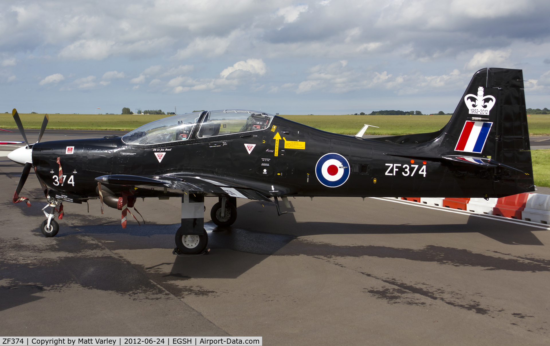 ZF374, 1992 Short S-312 Tucano T1 C/N S117/T88, Twister 1 sat on stand at SaxonAir.