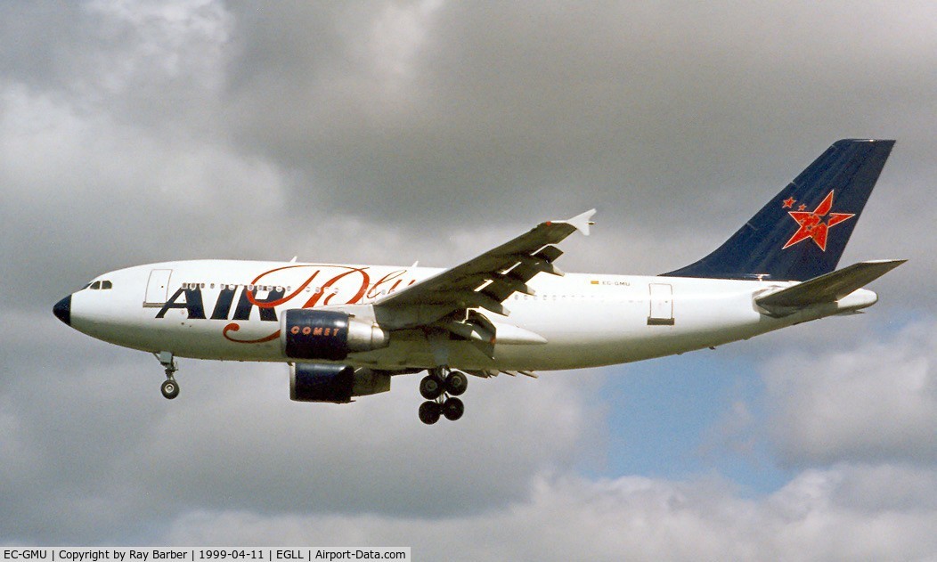 EC-GMU, 1988 Airbus A310-324 C/N 451, Airbus A310-324 [451] (Air Plus Comet) Heathrow~G 11/04/1999. Broken up Opa Locka in 2009. Landing 27L.