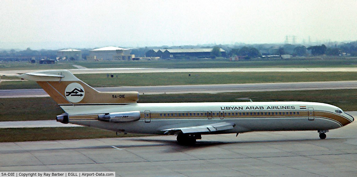 5A-DIE, 1976 Boeing 727-2L5 C/N 21230, Boeing 727-2L5 [21230] (Libyan Arab Airlines) Heathrow~G 1977. Image taken from a slide dated 1977.