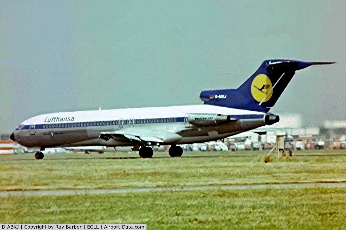 D-ABKJ, 1975 Boeing 727-230 C/N 20918, Boeing 727-230 [20918] (Lufthansa) Heathrow~G 01/07/1977. Taken from a slide in 1977