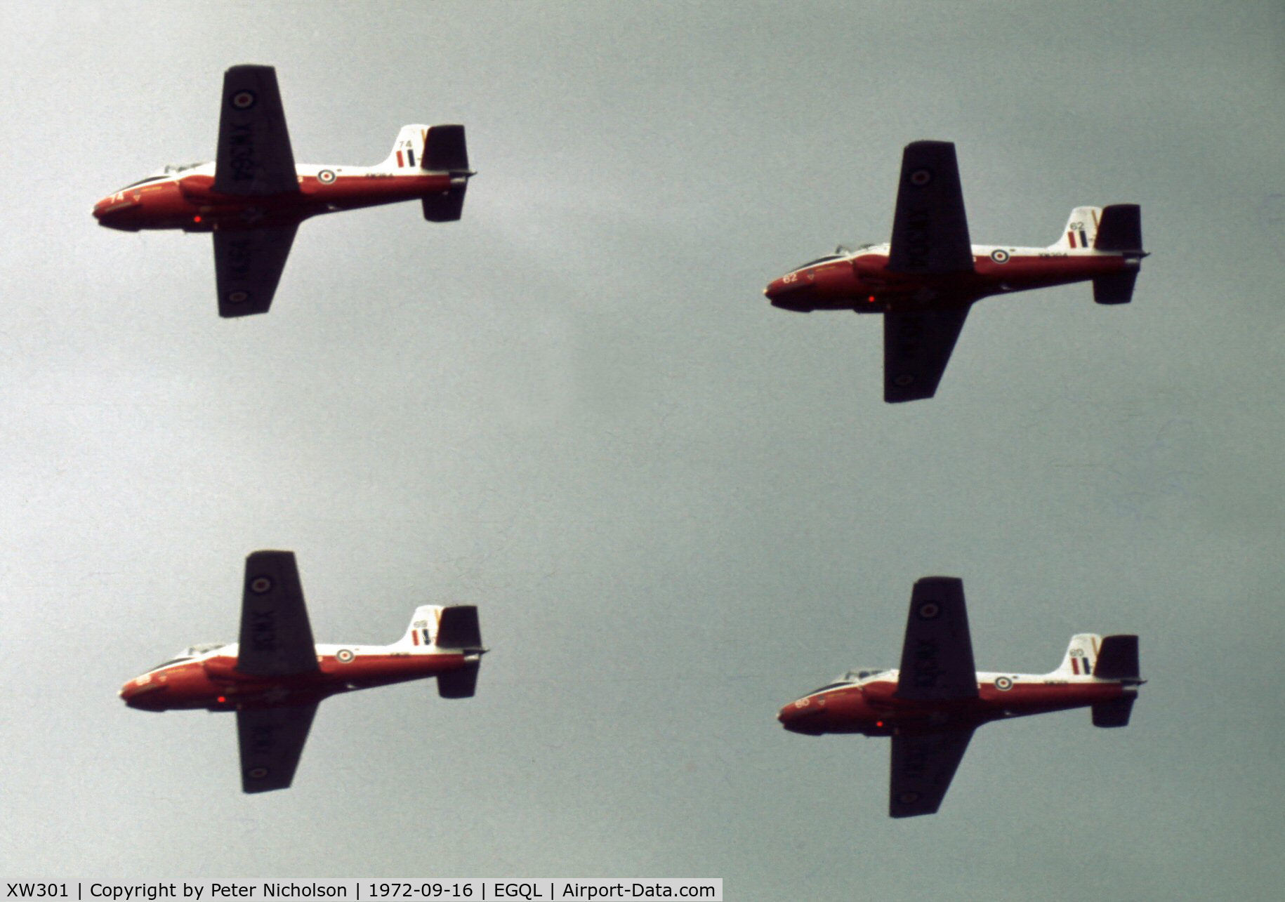 XW301, 1969 BAC 84 Jet Provost T.5A C/N EEP/JP/965, Jet Provost T.5A of the Blades aerobatic team of 1 Flying Training School with other team members on display at the 1972 RAF Leuchars Airshow.