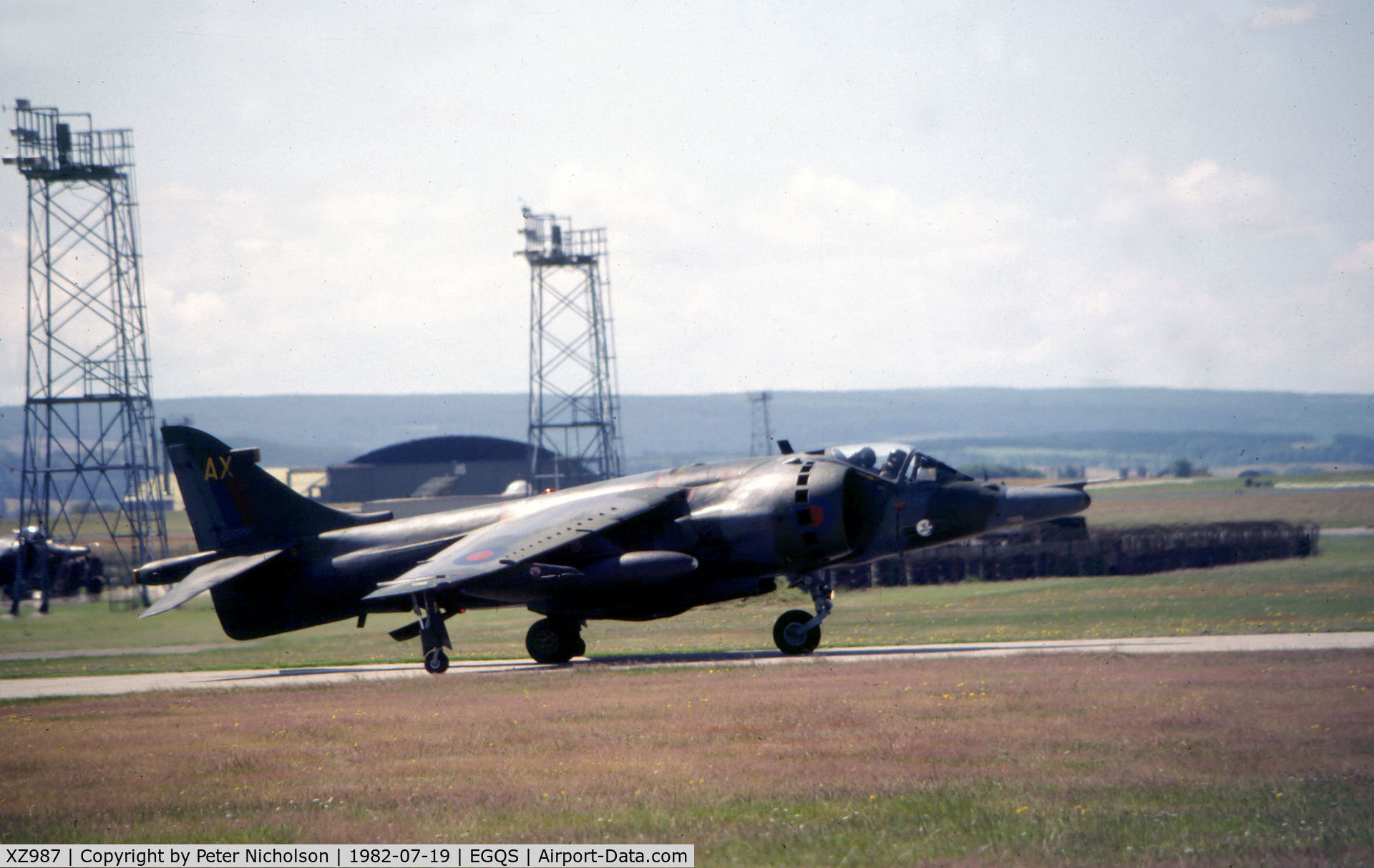 XZ987, 1981 British Aerospace Harrier GR.3 C/N 712210, Harrier GR.3 of 3 Squadron preparing to join the active runway at RAF Lossiemouth in the Summer of 1982.