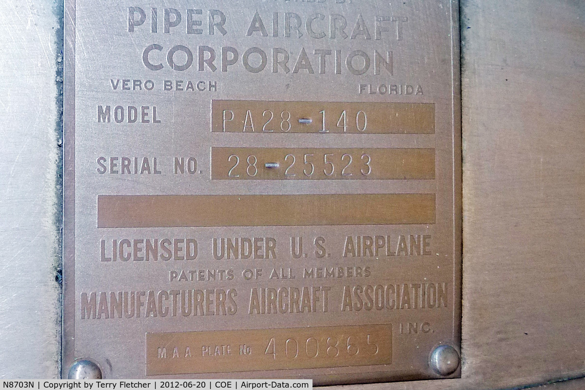 N8703N, 1969 Piper PA-28-140 C/N 28-25523, Dataplate on all metal Piper  - 1969 Piper PA-28-140, c/n: 28-25523