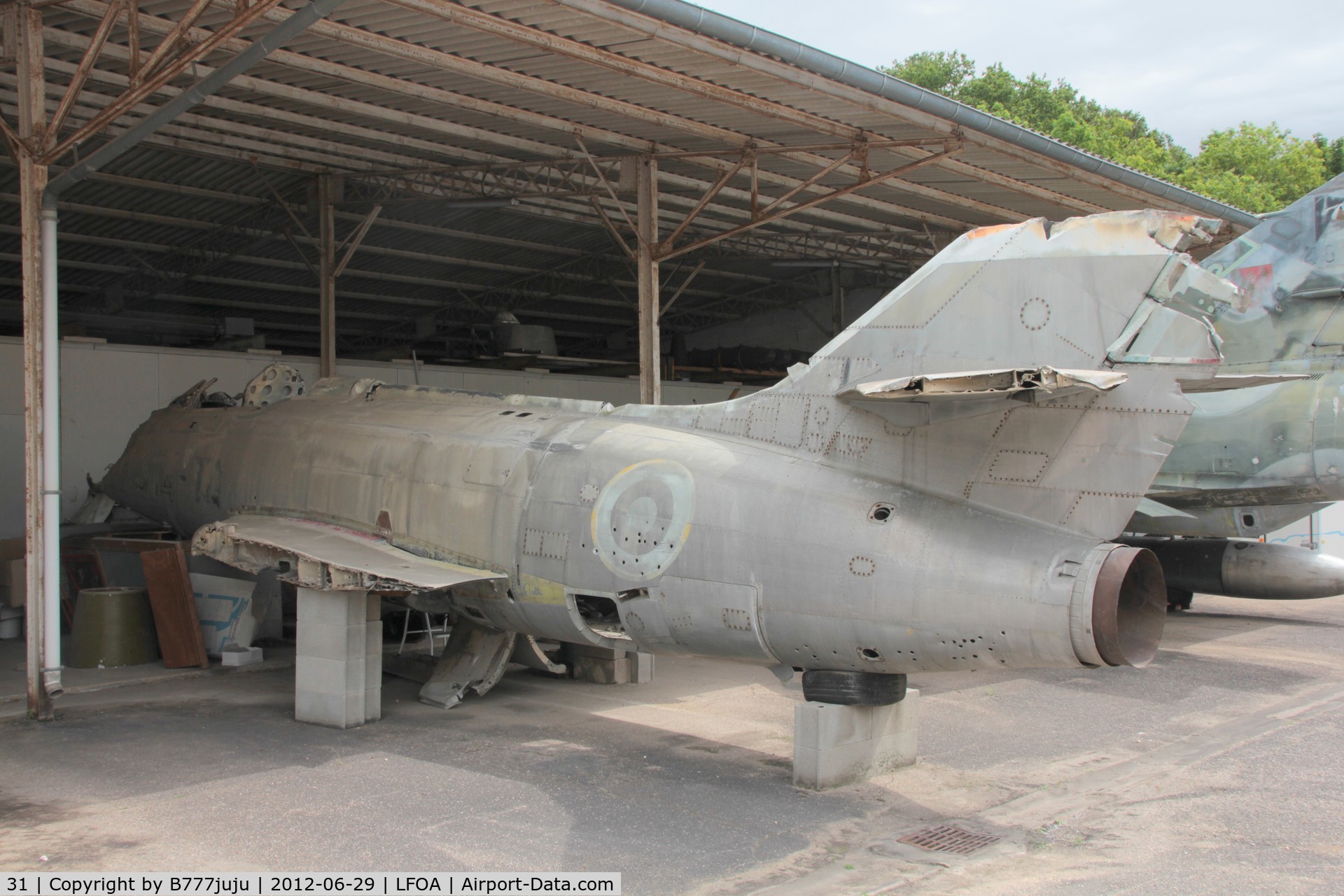 31, Dassault Mystere IVA C/N 31, on restoration at Avord folowing use for fire training